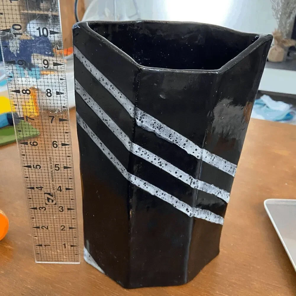Handcrafted Hexagon Ceramic Vase - Black with White Stripes, Modern Abstract
